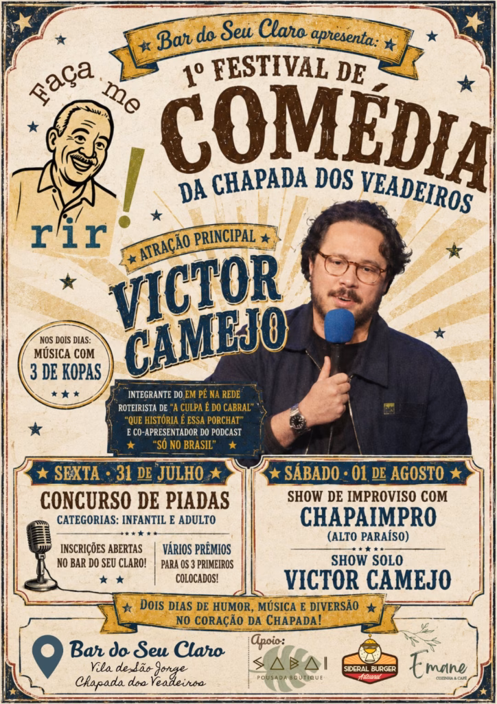 Cartaz do Festival de Comédia do Bar do Seu Claro em São Jorge - Chapada dos Veadeiros