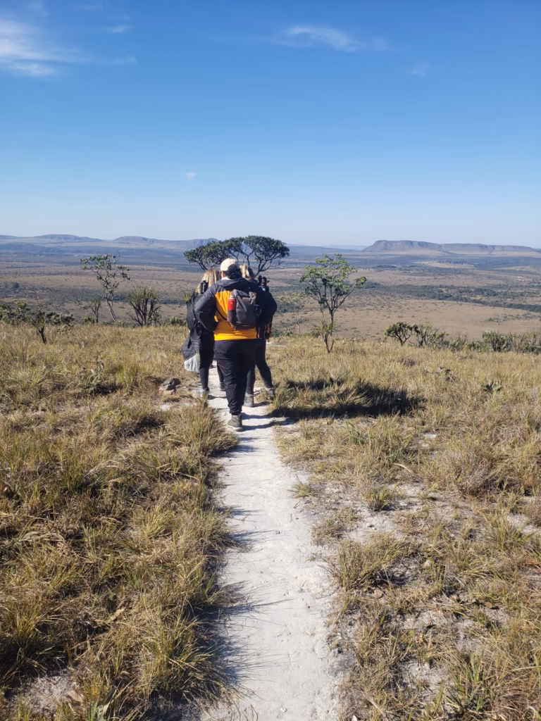 Visão de um grupo de pessoas de costas caminhando por uma trilha estreita e arenosa na Chapada dos Veadeiros. O caminho atravessa uma vegetação de Cerrado rasteiro e seco, com montanhas e planícies ao fundo sob um céu azul limpo.