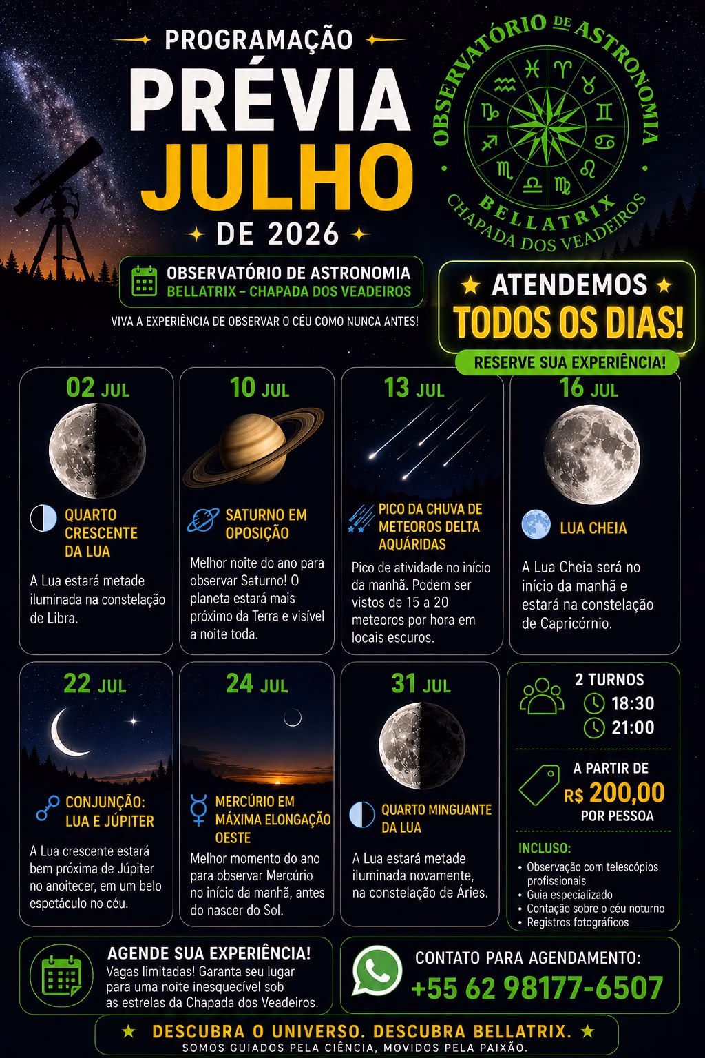 programação completa do Calendário Lunar para apreciar as estrelas na Chapada dos Veadeiros
