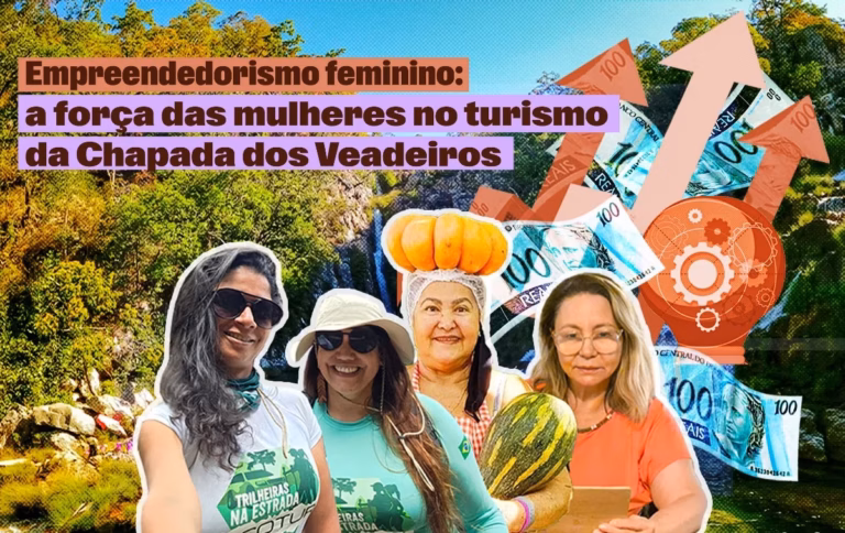 Colagem digital com quatro mulheres sorrindo na Chapada dos Veadeiros, representando guias de ecoturismo e produtoras locais. O fundo exibe uma cachoeira, notas de cem reais e engrenagens. No topo esquerdo, o texto: "Empreendedorismo feminino: a força das mulheres no turismo da Chapada dos Veadeiros".