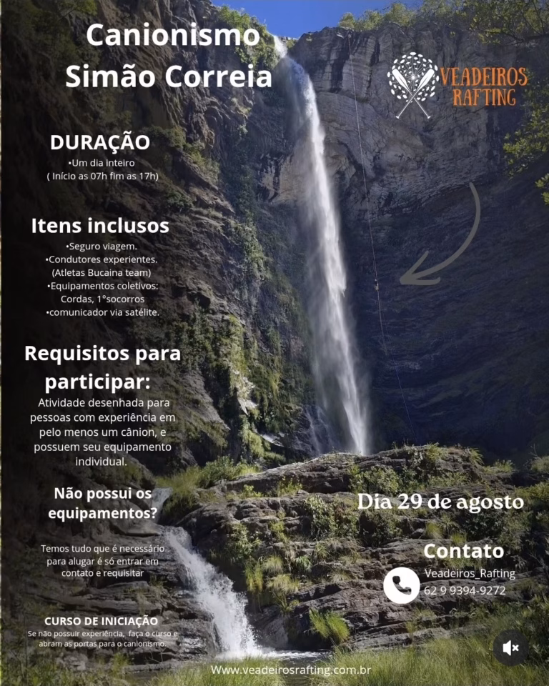 Cartaz da empresa Veadeiros Rafting sobre Canionismo na Cachoeira Simão Correa