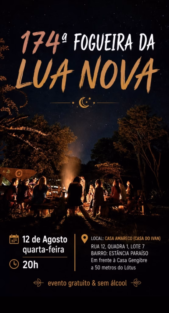 Encontro comunitário em torno de uma fogueira sob o céu noturno na Chapada dos Veadeiros, celebrando a Lua Nova.