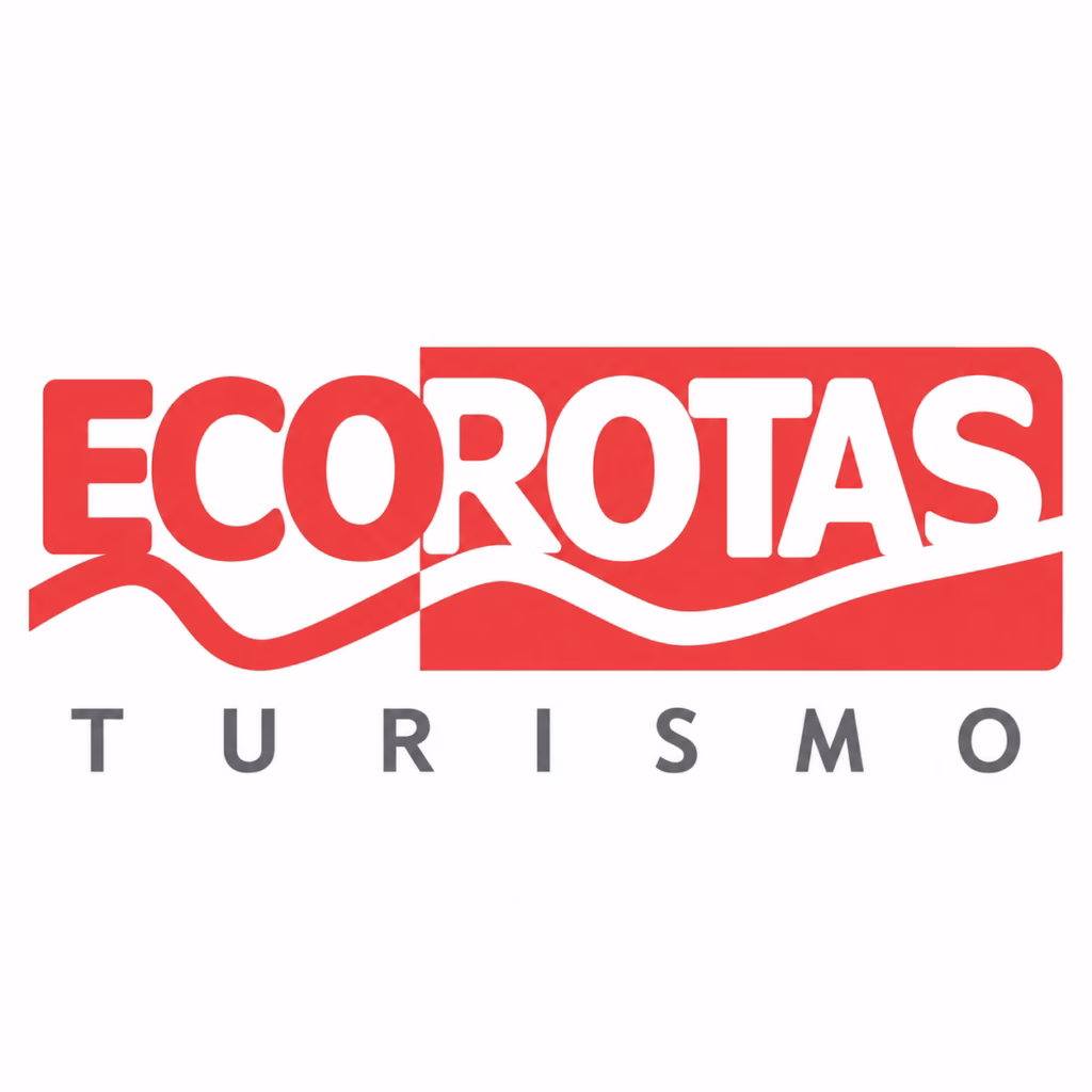 Logotipo da Ecorotas Turismo composto pela palavra "ECOROTAS" em letras maiúsculas vermelhas e brancas, com uma linha ondulada abaixo que simula uma rota ou estrada, e a palavra "TURISMO" centralizada logo abaixo em letras cinzas.