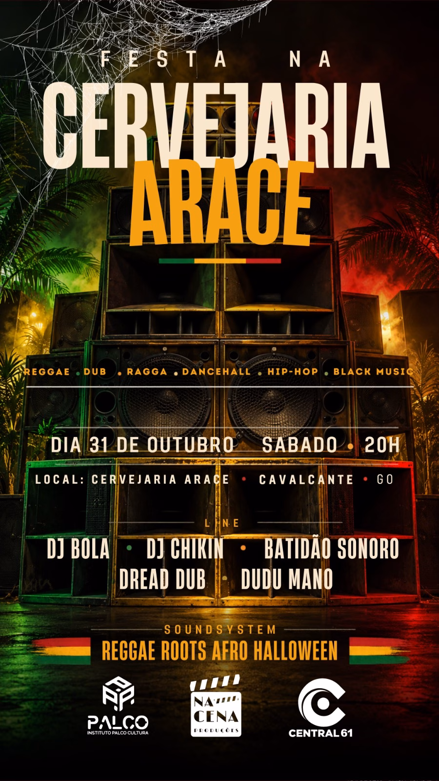 Cartaz da festa na Cervejaria Aracê em Cavalcante, dia 31 de outubro de 2026, com DJs e Batidão Sonoro.