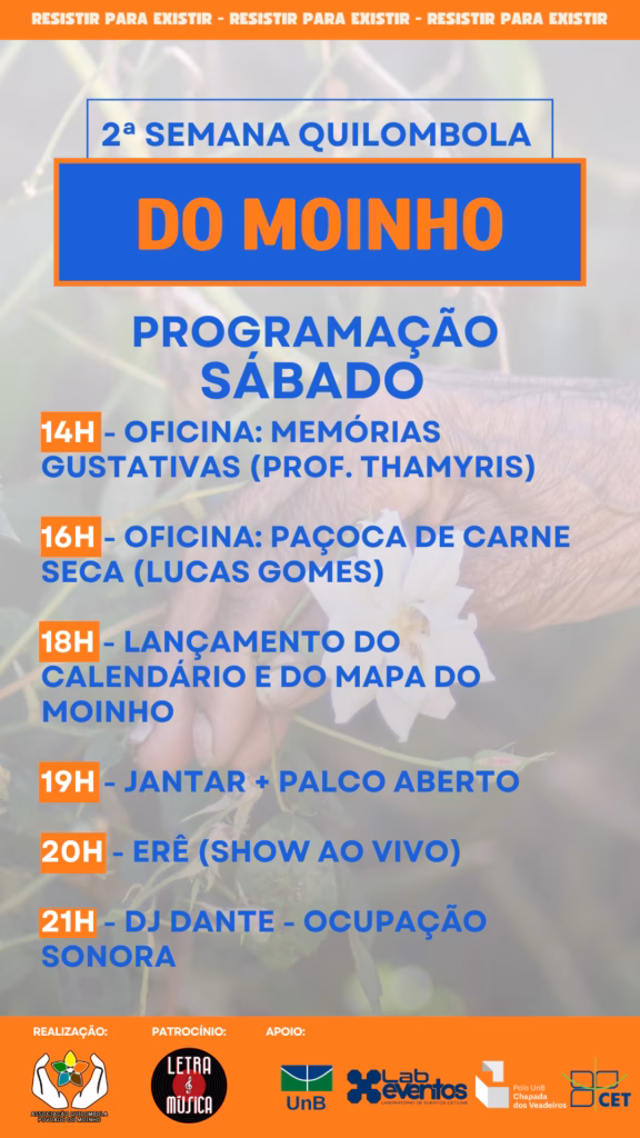 Programação de sábado da 2ª Semana Quilombola do Moinho, em Alto Paraíso de Goiás, com oficinas de gastronomia tradicional, lançamento do calendário e mapa do Moinho, jantar e apresentações musicais.